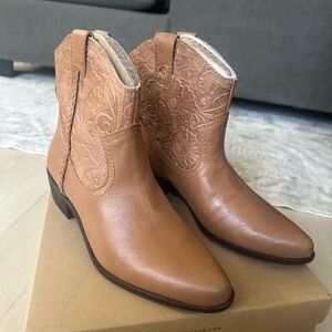 Lucky Brand Floral Embossed Brown Ankle Boots